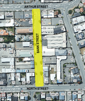 Overhead map with Bank Street Highlighted