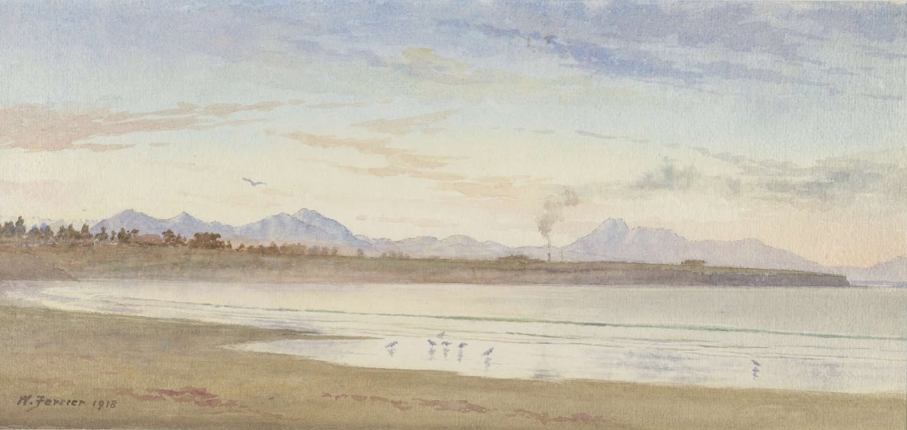 water colour on paper of caroline bay. Scenary had soft blues and shows gulls in the water and the mountains in the background which are painted a light blue purple. There is an artist signature at the lower left corner which reads W. Ferrier 1918